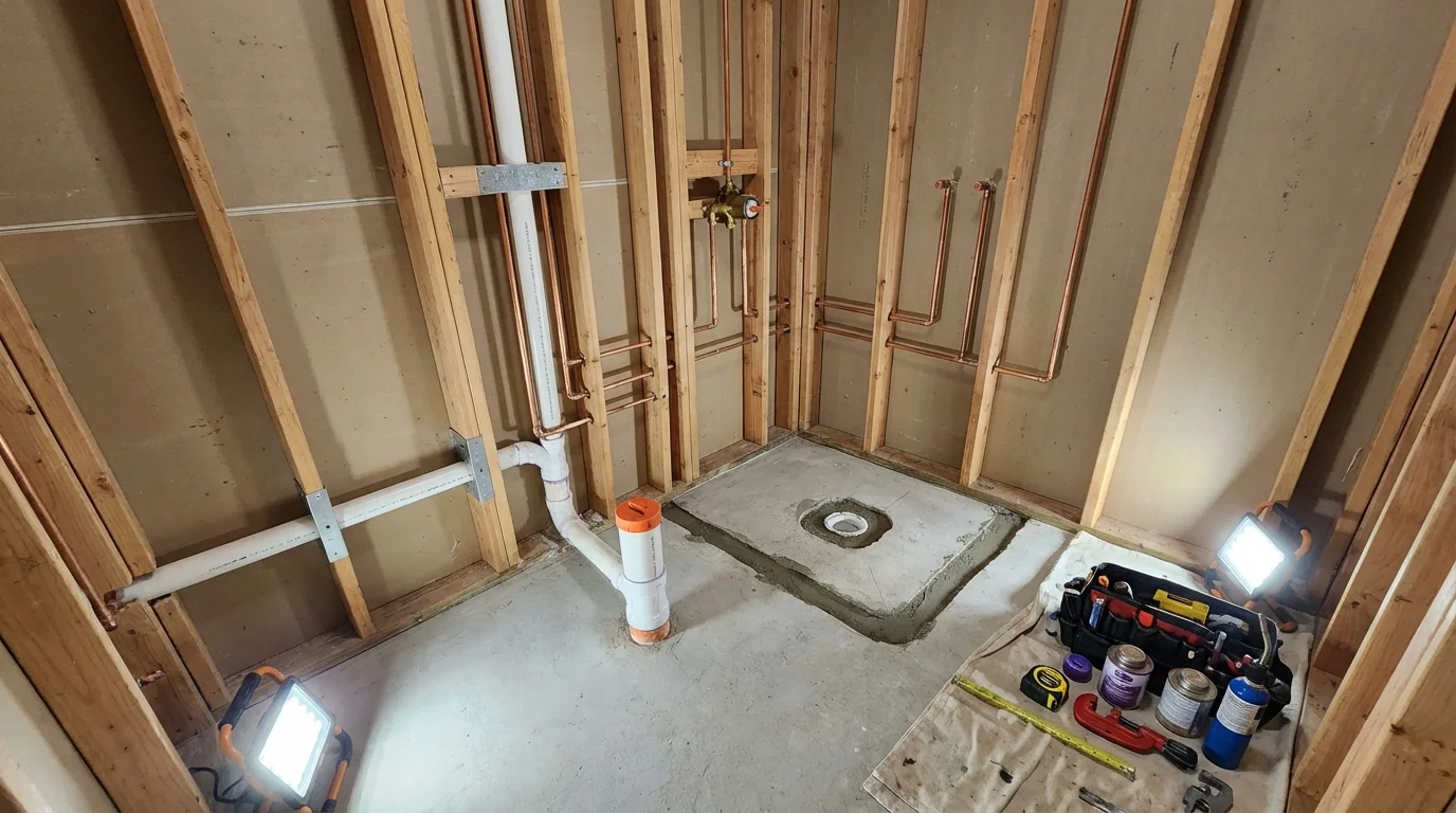 Bathroom rough-in plumbing during remodel by Johns Plumbing LLC in Millbury