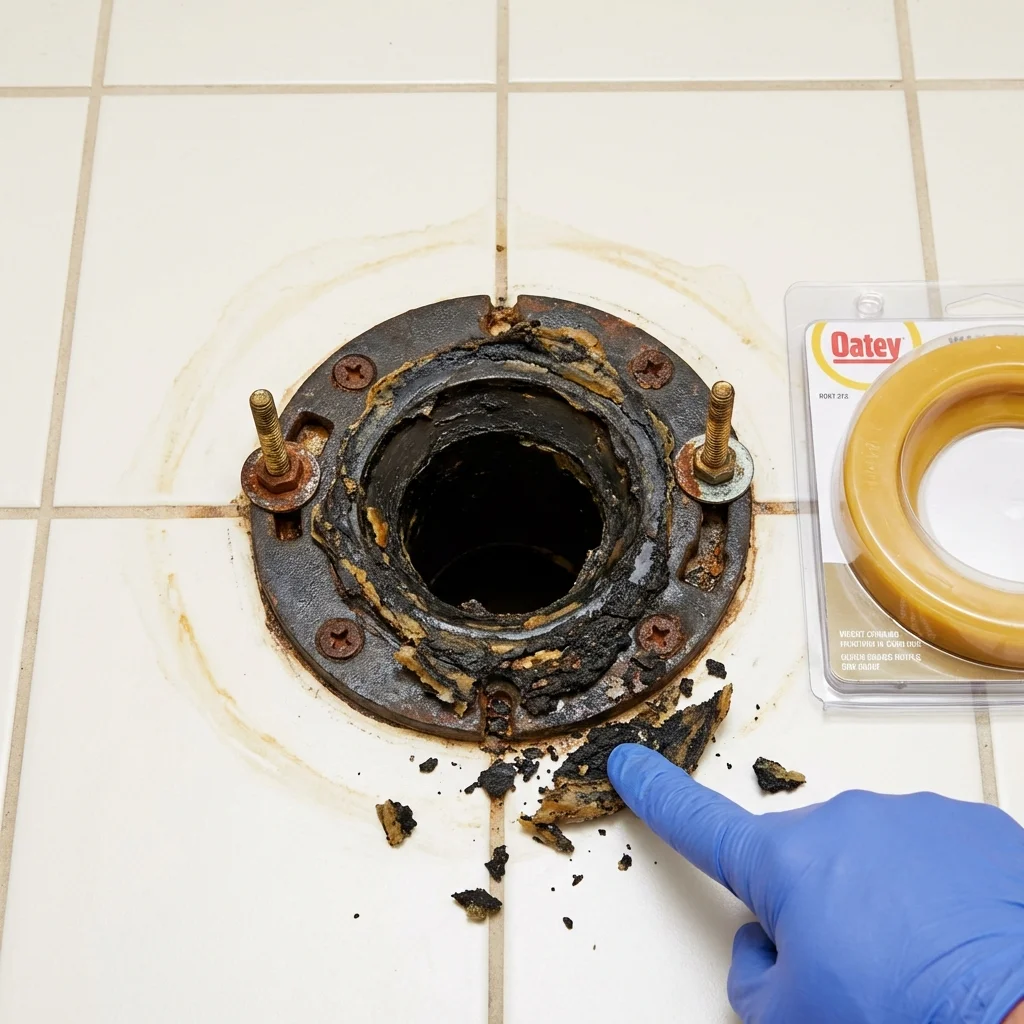 Failed wax ring showing water seepage at the base of a toilet in a Millbury, MA home