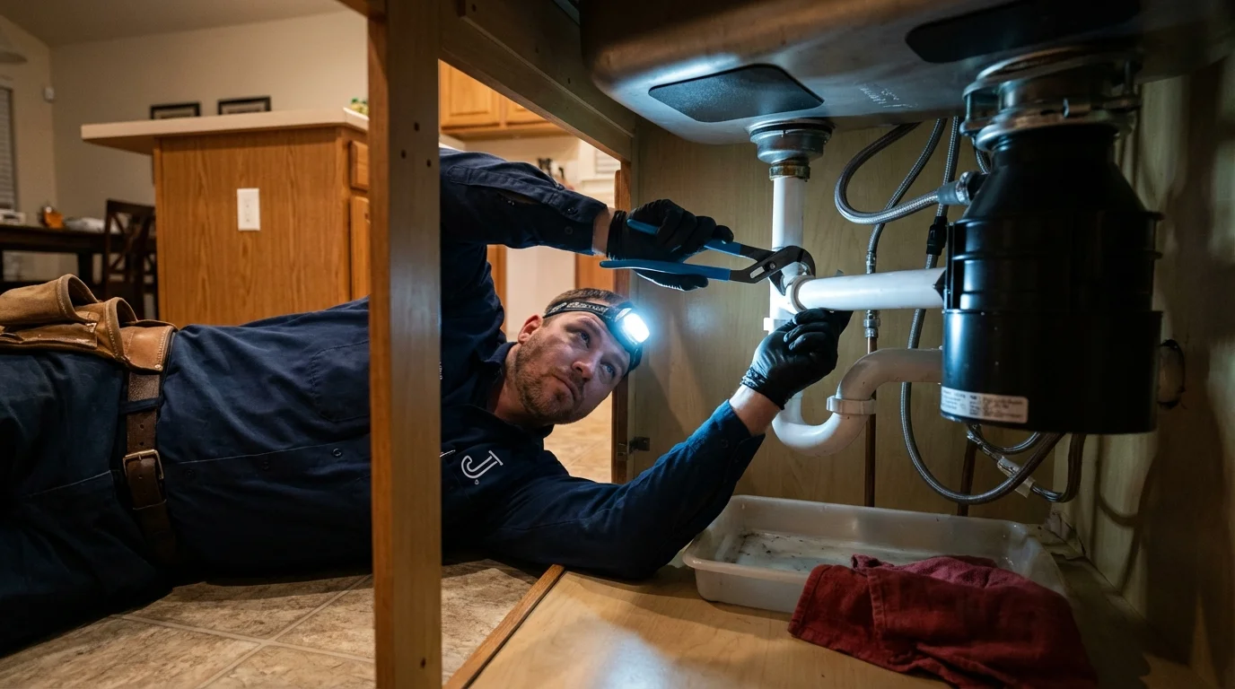P-trap and supply line connections under a kitchen sink showing a common leak point in Millbury, MA